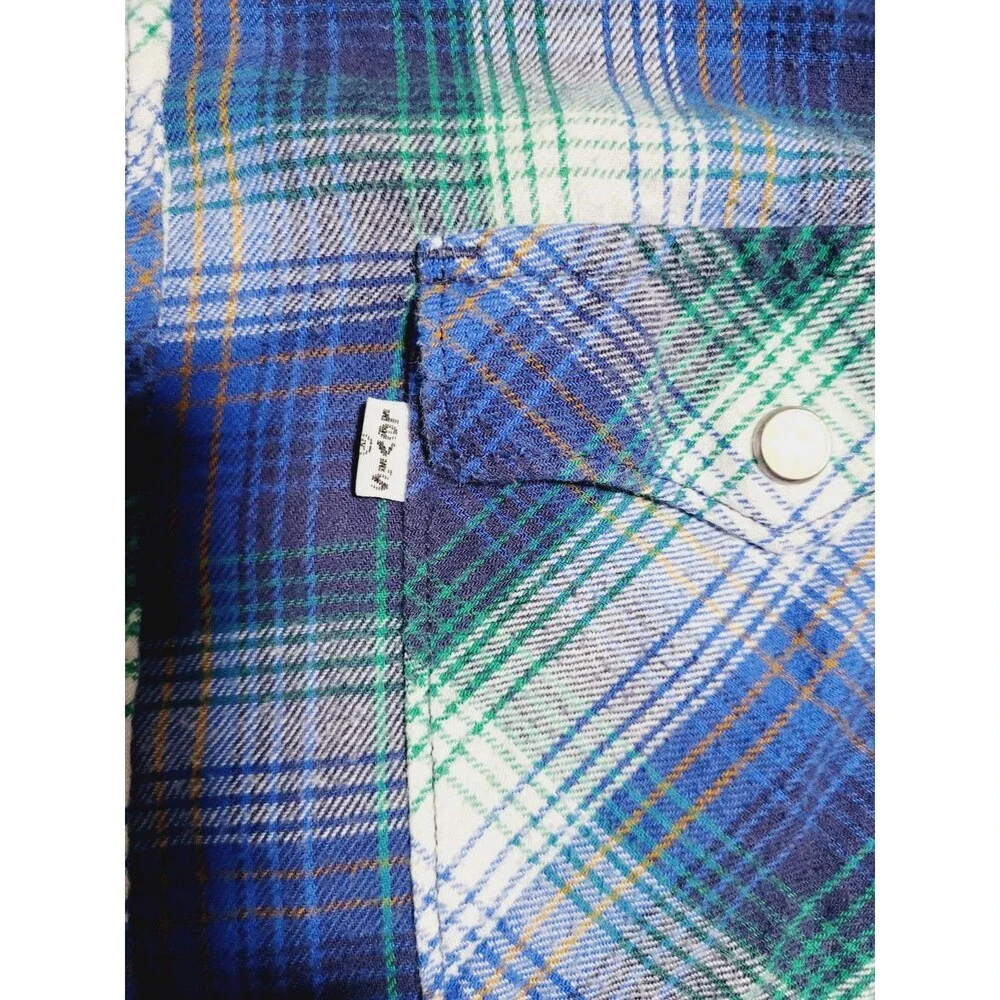Levi's Western Pearl Snap Shirt Mens Medium Plaid Blue/Green Flannel Button Up
